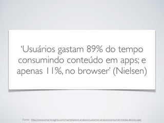 ‘Usuários gastam 89% do tempo
consumindo conteúdo em apps; e
apenas 11%, no browser’ (Nielsen)
Fonte: http://www.smartinsights.com/marketplace-analysis/customer-analysis/consumer-media-device-use/
 