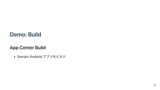 Demo:Build
AppCenterBuild
Xamain.Androidアプリをビルド
10
 