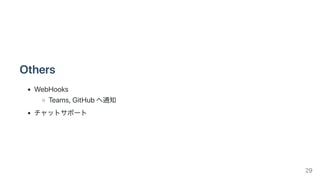 Others
WebHooks
Teams,GitHubへ通知
チャットサポート
29
 