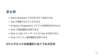 まとめ
Build/DistributeでCI/CDをすぐ始められる
Testで実機でのテストができる
Analytics/Diagnosticsでアプリの使用状況がわかる
Authで認証機能を追加できる
DataとAuthでユーザーごとのViewを作成できる
Pushでプッシュ通知機能を追加できる
#バックエンドの友達がいなくても大丈夫
30
 