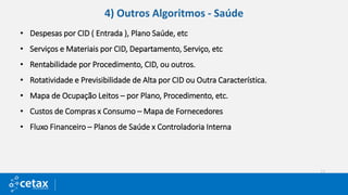 4) Outros Algoritmos - Saúde
• Despesas por CID ( Entrada ), Plano Saúde, etc
• Serviços e Materiais por CID, Departamento, Serviço, etc
• Rentabilidade por Procedimento, CID, ou outros.
• Rotatividade e Previsibilidade de Alta por CID ou Outra Característica.
• Mapa de Ocupação Leitos – por Plano, Procedimento, etc.
• Custos de Compras x Consumo – Mapa de Fornecedores
• Fluxo Financeiro – Planos de Saúde x Controladoria Interna
 