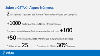 Sobre a CETAX - Alguns Números
2Escritórios - sede em São Paulo e fábrica de Software em Campinas.
+1000 Participantes em Nossos Treinamentos
Empresas atendidas em Treinamentos e Consultoria +100
+50 Projetos de BI, Data Warehouse e Big Data com Sucesso
Colaboradores 25 Crescimento Médio 30%ao ano
 