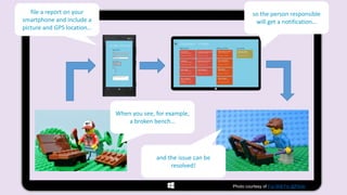 file a report on your                                                   so the person responsible
smartphone and include a                                                    will get a notification…
picture and GPS location…




                            When you see, for example,
                                a broken bench…




                                          and the issue can be
                                               resolved!


                                                                 Photo courtesy of Fur Will Fly @Flickr
 