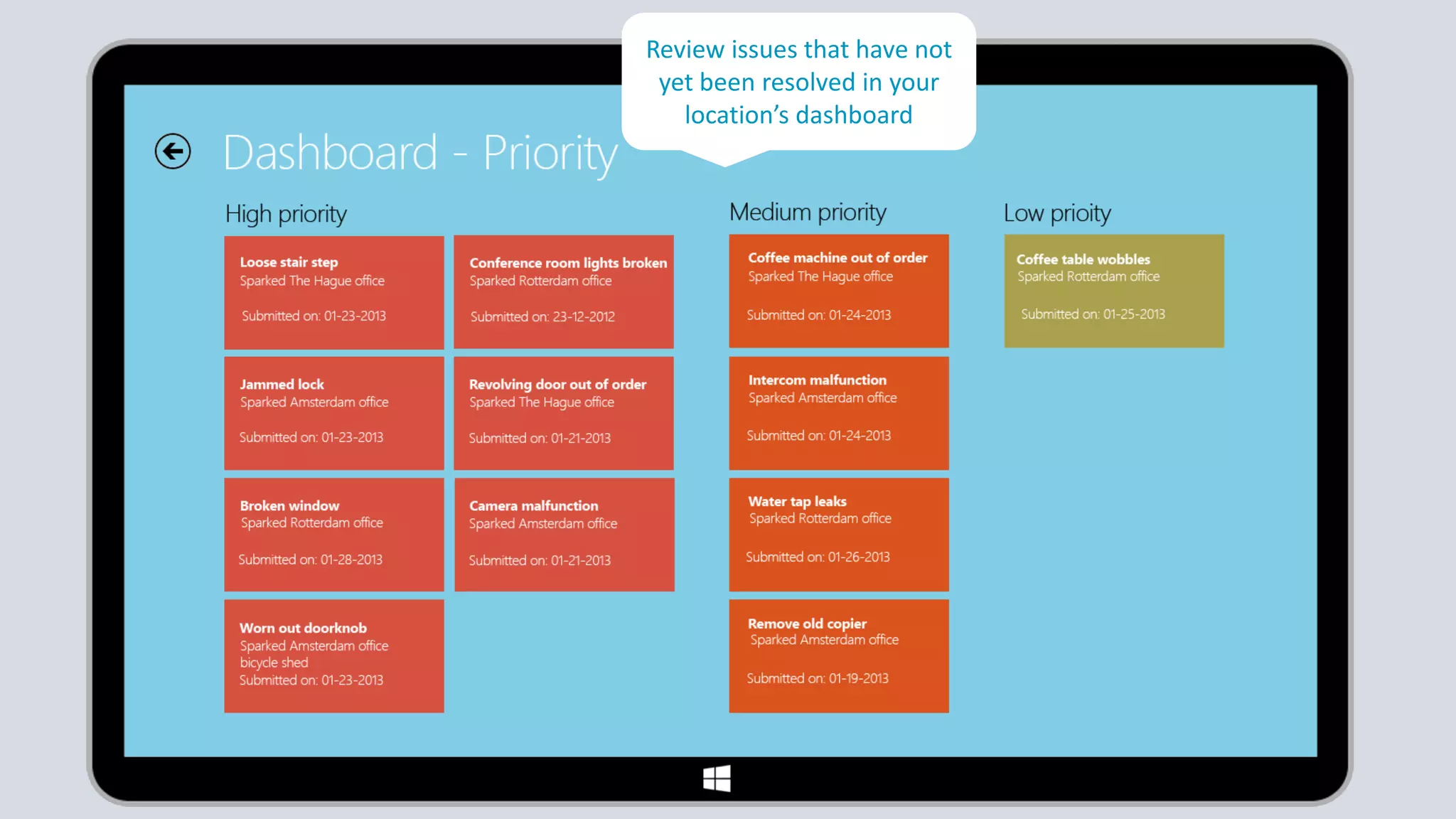 Review issues that have not
 yet been resolved in your
   location’s dashboard
 