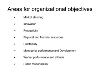  Market standing
 Innovation
 Productivity
 Physical and financial resources
 Profitability
 Managerial performance and Development
 Worker performance and attitude
 Public responsibility
Areas for organizational objectives
 