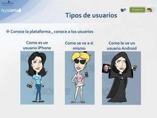  Conoce la plataforma , conoce a los usuarios
Como es un
usuario iPhone
Como lo ve un
usuarioAndroid
Como se ve a si
mismo
Tipos de usuarios
 