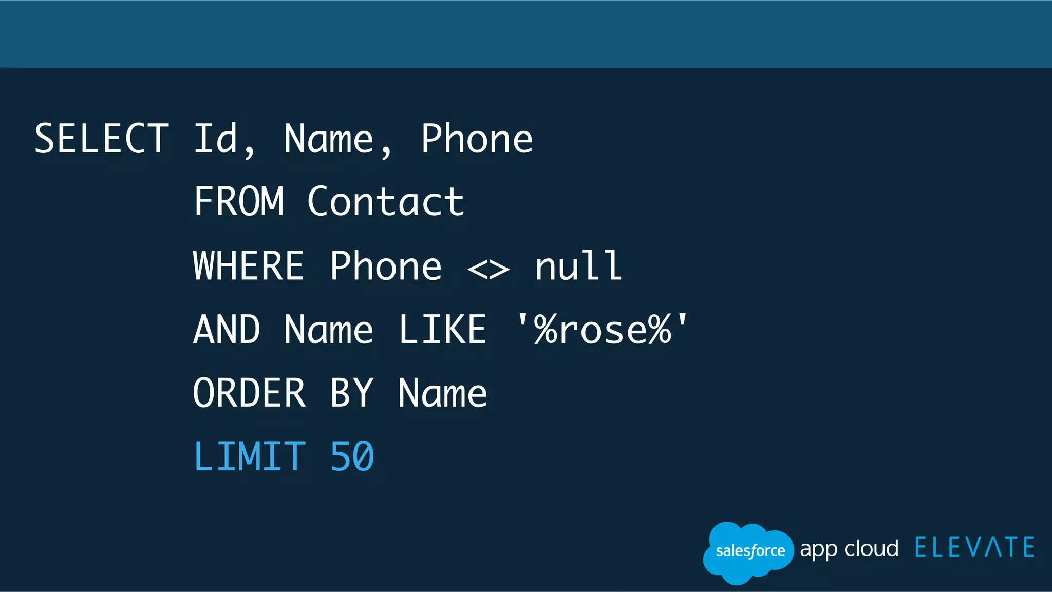 SELECT Id, Name, Phone FROM Contact WHERE Phone <> null AND Name LIKE '%rose%' ORDER BY Name LIMIT 50 