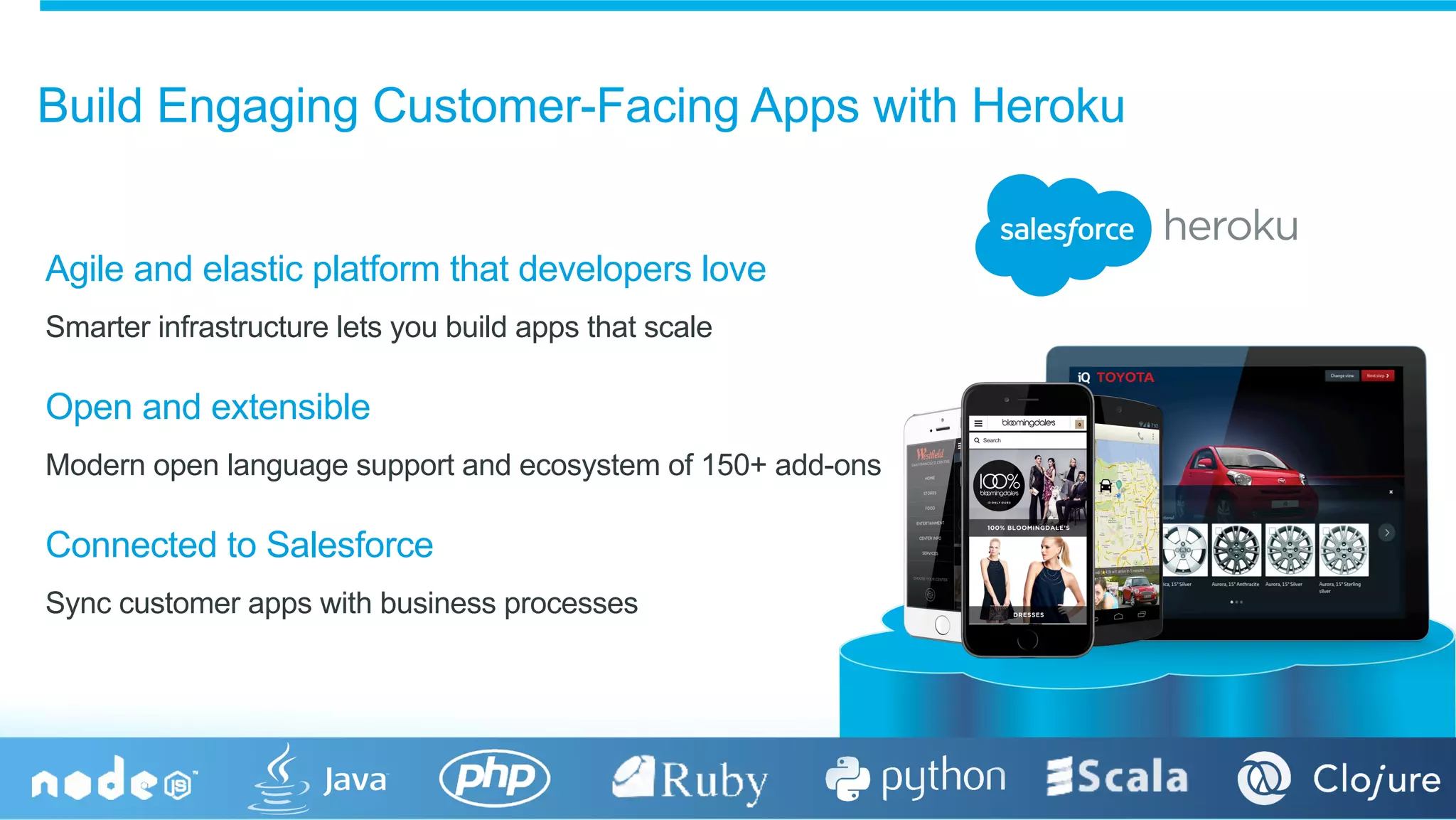 Salesforce Confidential Agile and elastic platform that developers love Smarter infrastructure lets you build apps that scale Open and extensible Modern open language support and ecosystem of 150+ add-ons Connected to Salesforce Sync customer apps with business processes Build Engaging Customer-Facing Apps with Heroku 