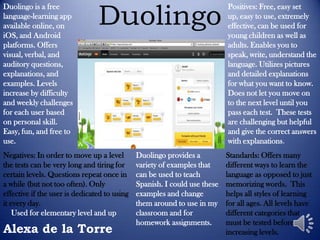 Duolingo is a free
language-learning app
available online, on
iOS, and Android
platforms. Offers
visual, verbal, and
auditory questions,
explanations, and
examples. Levels
increase by difficulty
and weekly challenges
for each user based
on personal skill.
Easy, fun, and free to
use.

Duolingo

Negatives: In order to move up a level
the tests can be very long and tiring for
certain levels. Questions repeat once in
a while (but not too often). Only
effective if the user is dedicated to using
it every day.
Used for elementary level and up

Alexa de la Torre

Duolingo provides a
variety of examples that
can be used to teach
Spanish. I could use these
examples and change
them around to use in my
classroom and for
homework assignments.

Positives: Free, easy set
up, easy to use, extremely
effective, can be used for
young children as well as
adults. Enables you to
speak, write, understand the
language. Utilizes pictures
and detailed explanations
for what you want to know.
Does not let you move on
to the next level until you
pass each test. These tests
are challenging but helpful
and give the correct answers
with explanations.
Standards: Offers many
different ways to learn the
language as opposed to just
memorizing words. This
helps all styles of learning
for all ages. All levels have
different categories that
must be tested before
increasing levels.

 