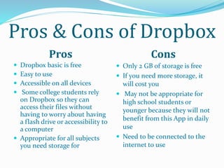 Pros & Cons of Dropbox
Pros Cons
 Dropbox basic is free
 Easy to use
 Accessible on all devices
 Some college students rely
on Dropbox so they can
access their files without
having to worry about having
a flash drive or accessibility to
a computer
 Appropriate for all subjects
you need storage for
 Only 2 GB of storage is free
 If you need more storage, it
will cost you
 May not be appropriate for
high school students or
younger because they will not
benefit from this App in daily
use
 Need to be connected to the
internet to use
 