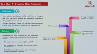 Solution
Challenges
Implemented RPA based automation RPA bots that entirely
transform manual process to automated claim processing
(partial)
• Retrieve the data from email using RPA and OCR
• Use ML algorithm to classify the claim type and route to
respective team
• Push all the data to the respective system with proper
business handling and notification.
>Claim processing
speed up by 70%
50% reduction in
claim processing
cost
Average routing time
15 mins to 3 mins
>95% accuracy
When customer submit a claim via fax, email, phone or through a
web form. The claim is reviewed and information submitted to
claim portal to start the process.
The claim processing is manual, time intensive and error prone that
leads to errors, slow down the claim cycle time and higher cost.
Case Study 8 – Insurance Claim Processing
 
