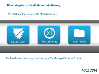 Eine integrierte e-Mail Sicherheitslösung 
GFI MAX MailProtection + GFI MAX MailArchive 
Email Security Email Continuity Email Archive 
Ein Dashboard, drei integrierte Lösungen für Managed Services Provider! 
 