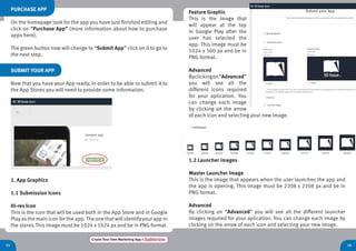 1615
Create Your Own Marketing App > Register here
PURCHASE APP
On the homepage look for the app you have just finished editing and
click on “Purchase App” (more information about how to purchase
apps here).
The green button now will change to “Submit App” click on it to go to
the next step.
SUBMIT YOUR APP
Now that you have your App ready, in order to be able to submit it to
the App Stores you will need to provide some information.
1. App Graphics
1.1 Submission Icons
Hi-res Icon
This is the icon that will be used both in the App Store and in Google
Play as the main icon for the app.The one that will identifyyour app in
the stores.This image must be 1024 x 1024 px and be in PNG format.
1.2 Launcher images
Master Launcher Image
This is the image that appears when the user launches the app and
the app is opening. This image must be 2208 x 2208 px and be in
PNG format.
Advanced
By clicking on “Advanced” you will see all the different launcher
images required for your aplication. You can change each image by
clicking on the arrow of each icon and selecting your new image.
Feature Graphic
This is the image that
will appear at the top
in Google Play after the
user has selected the
app. This image must be
1024 x 500 px and be in
PNG format.
Advanced
Byclickingon“Advanced”
you will see all the
different icons required
for your aplication. You
can change each image
by clicking on the arrow
of each icon and selecting your new image.
 