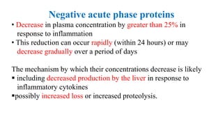 Negative acute phase proteins
• Decrease in plasma concentration by greater than 25% in
response to inflammation
• This reduction can occur rapidly (within 24 hours) or may
decrease gradually over a period of days
The mechanism by which their concentrations decrease is likely
 including decreased production by the liver in response to
inflammatory cytokines
possibly increased loss or increased proteolysis.
 