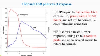 • CRP begins to rise within 4-6 h
of stimulus, peaks within 36-50
hours, and returns to normal 3-7
days following resolution
•ESR shows a much slower
response, taking up to a week to
peak, and up to several weeks to
return to normal.
CRP and ESR patterns of response
 