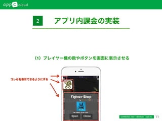 11Conﬁdential / Don’t distribute  cayto inc.
（1）プレイヤー機の数やボタンを画面に表示させる
コレらを表示できるようにする
アプリ内課金の実装2
 