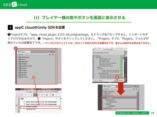 14Conﬁdential / Don’t distribute  cayto inc.
❶Projectタブに「appc_cloud_plugin_2.2.0_x6.unitypackage」をドラッグ&ドロップすると、インポートのダ
イアログが出ますので、❷「Import」ボタンをクリックしてください。「Project」タブに「Plugins」フォルダが
現れていれば設置完了です。
appC cloudのUnity SDKを設置3
（1）プレイヤー機の数やボタンを画面に表示させる
2
1
※サンプルプロジェクトには、64ビット対応のSDKが設置済みです。皆さんの操作の必要はありません。
 