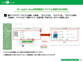 29Conﬁdential / Don’t distribute  cayto inc.
❶ダイアログで「カテゴリ画像」の登録、「カテゴリID」「カテゴリ名」「カテゴリ説明」
の登録と、アイテムの「消費タイプ」を選び❷「作成する」ボタンで登録します
4
※カテゴリIDは重複しない任意の半角英数字を設定してください
※消費型は使うと無くなるアイテム、非消費型は一度しか購入できないアイテムです
2
1
（3）appC cloud管理画面とアイテム登録方法の説明
 