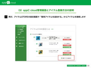 30Conﬁdential / Don’t distribute  cayto inc.
再び、アイテムSTOREの設定画面で「販売アイテムを追加する」からアイテムを登録します5
（3）appC cloud管理画面とアイテム登録方法の説明
 