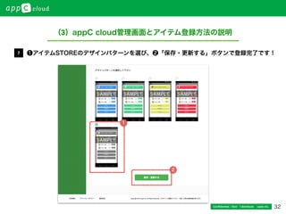 32Conﬁdential / Don’t distribute  cayto inc.
❶アイテムSTOREのデザインパターンを選び、❷「保存・更新する」ボタンで登録完了です！7
2
1
（3）appC cloud管理画面とアイテム登録方法の説明
 