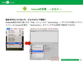 34Conﬁdential / Don’t distribute  cayto inc.
Androidの手順 — ビルド —
端末をPCについないで、ビルド&ランで確認！
Andoroid端末をPCに繋いだら「File」メニューから「Build	
  Se+ngs	
  …」ダイアログを開いてプラッ
トフォームにAndroidを選び、「Build	
  And	
  Run」をクリックすれば端末で確認ができます。
 