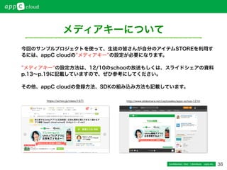 38Conﬁdential / Don’t distribute  cayto inc.
メディアキーについて
今回のサンプルプロジェクトを使って、生徒の皆さんが自分のアイテムSTOREを利用す
るには、appC cloudの メディアキー の設定が必要になります。
メディアキー の設定方法は、12/10のschooの放送もしくは、スライドシェアの資料
p.13∼p.19に記載していますので、ぜひ参考にしてください。
その他、appC cloudの登録方法、SDKの組み込み方法も記載しています。
https://schoo.jp/class/1671 http://www.slideshare.net/caytosales/appc-schoo-1210
 