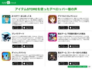 39Conﬁdential / Don’t distribute  cayto inc.
アイテムSTOREを使ったデベロッパー様の声
みつけて！おじぽっくる アイドルリコレクション
ブレイクアーツ 脱出ゲーム 不思議の国からの脱出
ダッシュでバトル 脱出ゲーム ストーカー女からの脱出
Unityでアイテム課金を実装する場合、Android・iPhoneに
対応したプラグインなどはまだまだ少なく、また実装までを
考えると ハイコストですが、appC cloudはローコストで課
金システムを実装できて、広告からアプリの宣伝までを担う
大変素晴らしいサービスです。
Unityでアプリ内課金を実装するのは難しいと聞いていまし
たので、導入が楽で助かりました。個人開発者には重要なこ
とだと思うんですけど、課金アイテムをリリースした後に何
か問題発生したらすぐにアイテムを削除できるので、それが
とても助かります。
アプリ開発はcoco2dxですが、appCのSDKは通常のものを
利用しております。一度は諦めた課金処理が、いとも簡単に
実装できました！ 導入も簡単で、おかげさまで課金収入も
得られるようになって幸せです。
Android・iOS対応の課金システムを作るのはハードルが高
いと感じていましたが、 Cocos2d-x Pluginのを使うと簡単
に両OS対応の課金システムを実装できました。 今後も利用
したいと考えています。
課金システムを実装するには、実装コストが高いものですが、
appC cloudを利用することで迅速に課金システムを実現出
来てとてもありがたいと思っています。アプリ上での動作も
機敏で、とても良いと思います。
アイテム課金の機能が簡単に実装でき、非常に助かっていま
す。配信する広告を簡単に選択できるのも魅力の一つです。
 