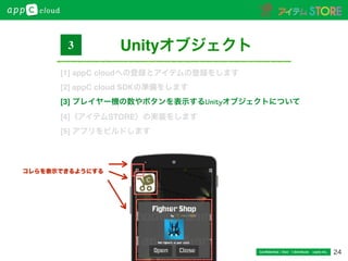24Conﬁdential / Don’t distribute  cayto inc.
コレらを表示できるようにする
Unityオブジェクト3
[1] appC cloudへの登録とアイテムの登録をします
[2] appC cloud SDKの準備をします
[3] プレイヤー機の数やボタンを表示するUnityオブジェクトについて
[4]〈アイテムSTORE〉の実装をします
[5] アプリをビルドします
 