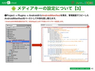 40Conﬁdential / Don’t distribute  cayto inc.
1
❶Project -> Plugins -> AndroidからAndroidManifestを開き、管理画面でコピーした
AndroidManifestをペーストして中身を差し替えます。
メディアキーの設定について【3】
※Androidのみ有効な設定方法です。iOSはAppC.csの17行目にメディアキーを記述します。
 