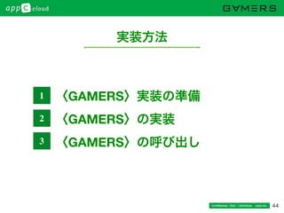 44Conﬁdential / Don’t distribute  cayto inc.
実装方法
〈GAMERS〉実装の準備
〈GAMERS〉の実装
〈GAMERS〉の呼び出し
1
2
3
 