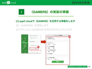 45Conﬁdential / Don’t distribute  cayto inc.
〈GAMERS〉の実装の準備1
[1] appC cloudで〈GAMERS〉を利用する準備をします
[2] 〈GAMERS〉を実装します
[3] ボタンから〈GAMERS〉を呼び出せるようにします
2
1
 