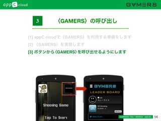 56Conﬁdential / Don’t distribute  cayto inc.
〈GAMERS〉の呼び出し3
[1] appC cloudで〈GAMERS〉を利用する準備をします
[2] 〈GAMERS〉を実装します
[3] ボタンから〈GAMERS〉を呼び出せるようにします
 