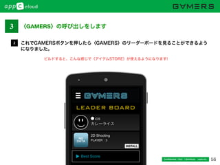 58Conﬁdential / Don’t distribute  cayto inc.
これでGAMERSボタンを押したら〈GAMERS〉のリーダーボードを見ることができるよう
になりました。
2
ビルドすると、こんな感じで〈アイテムSTORE〉が使えるようになります!
3 〈GAMERS〉の呼び出しをします
 
