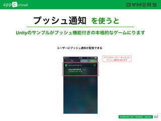 62Conﬁdential / Don’t distribute  cayto inc.
Unityのサンプルがプッシュ機能付きの本格的なゲームにります
      を使うと
アプリをインストールした人に
プッシュ通知を送れます
プッシュ通知
ユーザーにプッシュ通知が配信できる
 