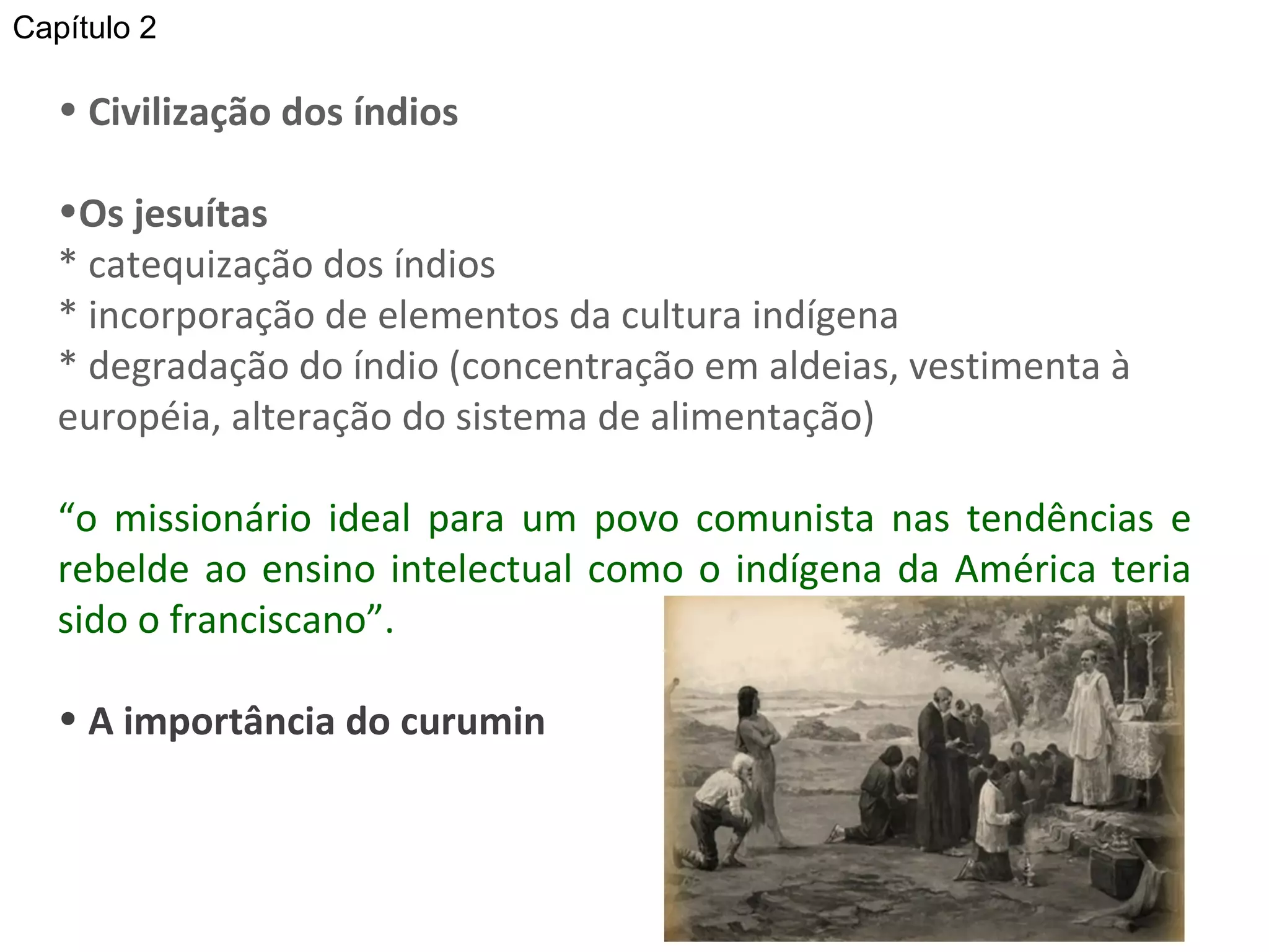 Civilização dos índios  Os jesuítas * catequização dos índios * incorporação de elementos da cultura indígena  * degradação do índio (concentração em aldeias, vestimenta à européia, alteração do sistema de alimentação)  “ o missionário ideal para um povo comunista nas tendências e rebelde ao ensino intelectual como o indígena da América teria sido o franciscano”. A importância do curumin Capítulo 2 
