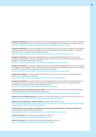 53
European Commission, Commission Delegated Directive amending Delegated Directive (EU) 2017/593 as regards the
integration of sustainability factors into the product governance obligations, Sustainable Finance Package, April 2021
https://ec.europa.eu/finance/docs/level-2-measures/mifid-2-delegated-act-2021-2612_en.pdf
European Commission, Commission Delegated Directive amending Directive 2010/43/EU as regards the sustainability
risks and sustainability factors to be taken into account for Undertakings for Collective Investment in Transferable
Securities (UCITS), Sustainable Finance Package, April 2021
https://ec.europa.eu/finance/docs/level-2-measures/ucits-directive-delegated-act-2021-2617_en.pdf
European Commission, Commission Delegated Regulation amending Delegated Regulation (EU) No 231/2013
as regards the sustainability risks and sustainability factors to be taken into account by Alternative Investment Fund
Managers, Sustainable Finance Package, April 2021
https://ec.europa.eu/finance/docs/level-2-measures/aifmd-delegated-act-2021-2615_en.pdf
European Commission, Commission Delegated Regulation amending Delegated Regulation (EU) 2017/565 as regards
the integration of sustainability factors, risks and preferences into certain organizational requirements and operating
conditions for investment firms, Sustainable Finance Package, April 2021
https://ec.europa.eu/finance/docs/level-2-measures/mifid-2-delegated-act-2021-2616_en.pdf
European Commission, Commission staff working document, executive summary of impact assessment report
{C(2021) 2800} – {SWD(2021) 152}, May 2021
https://www.euractiv.com/wp-content/uploads/sites/2/2021/04/Exec-summary-IA.pdf
European Commission, Proposal for a Directive of the European Parliament and of the Council amending Directive
2013/34/EU, Directive 2004/109/EC, Directive 2006/43/EC and Regulation (EU) No 537/2014, as regards corporate
sustainability reporting, Sustainable Finance Package, April 2021
https://eur-lex.europa.eu/legal-content/EN/TXT/?uri=CELEX:52021PC0189
European Securities and Markets Authority (ESMA), Letter to the European Commission on the main challenges
in the area of ESG ratings and assessment tools, January 2021
https://www.esma.europa.eu/sites/default/files/library/esma30-379-423_esma_letter_to_ec_on_esg_ratings.pdf
European Union Ecolabelling Board, Development of EU Ecolabel criteria for ‘retail financial products’, March 2021
https://susproc.jrc.ec.europa.eu/product-bureau//product-groups/432/documents
Federal Financial Supervisory Authority (BaFin), Insurance Supervision Act, 2001
https://www.bafin.de/SharedDocs/Downloads/EN/Aufsichtsrecht/dl_vag_en_va.pdf;jsessionid=9022C575937AD46C6A-
397F25AF749F20.1_cid503?__blob=publicationFilev=1
French Ministry of the Ecological and Solidarity Transition and French Ministry of Economy and Finance,
French Strategy for Green Finance, December 2017
https://financefortomorrow.com/app/uploads/2017/12/RAPPORT-finance-verte-1112.pdf
French Government, Law on New Economic Regulations, May 2001
https://www.legifrance.gouv.fr/loda/id/JORFTEXT000000223114
French Government, Law on Business Growth and Transformation, May 2019
https://www.legifrance.gouv.fr/jorf/article_jo/JORFARTI000038496242
 