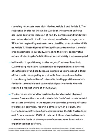 sponding net assets were classified as Article 8 and Article 9. The
respective shares for the whole European investment universe
are lower due to the inclusion of non-EU domiciles and funds that
are not marketed in the EU and do not need to be categorized –
39% of corresponding net assets are classified as Article 8 and 5%
as Article 9.2
These figures differ significantly from what is consid-
ered sustainable in our study, reflecting the strict, conservative
nature of Morningstar’s definition of sustainability that was applied.
→ In line with its positioning as the largest European fund hub,
Luxembourg maintains its market leader position also in terms
of sustainable fund products. As in previous years, about a third
of the assets managed by sustainable funds are domiciled in
Luxembourg. Ireland benefits from its leading position as a hub
for both sustainable and conventional passive funds where it
reached a market share of 44% in 2021.
→ The increased demand for sustainable funds can be observed
across Europe – the share of sustainable funds’ net assets in total
net assets domiciled in the respective countries grew significant-
ly across all countries, reaching almost 40% in Belgium, the
Netherlands and Sweden. Some domiciles like the UK, Switzerland
and France recorded 100% of their net inflows directed towards
sustainable funds at the expense of conventional funds which
experienced net outflows.
2) Note that these figures differ from other reports from Morningstar or other institutions due to a different coverage at
different times of data extractions and the exclusion of money market funds, funds of funds and feeder funds in this report.
 