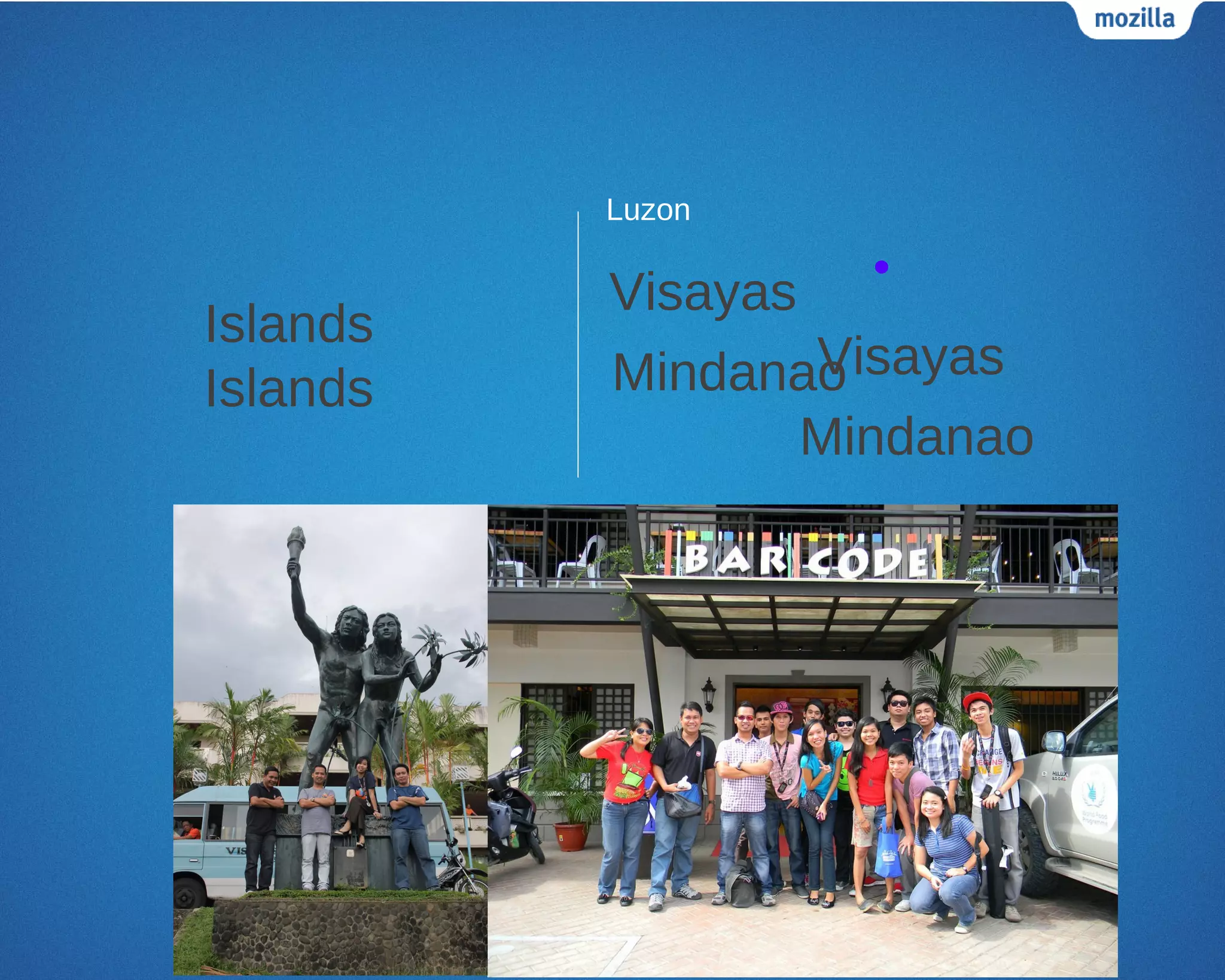 Luzon

          Visayas  •
Islands
          MindanaoVisayas
Islands
                  Mindanao
 