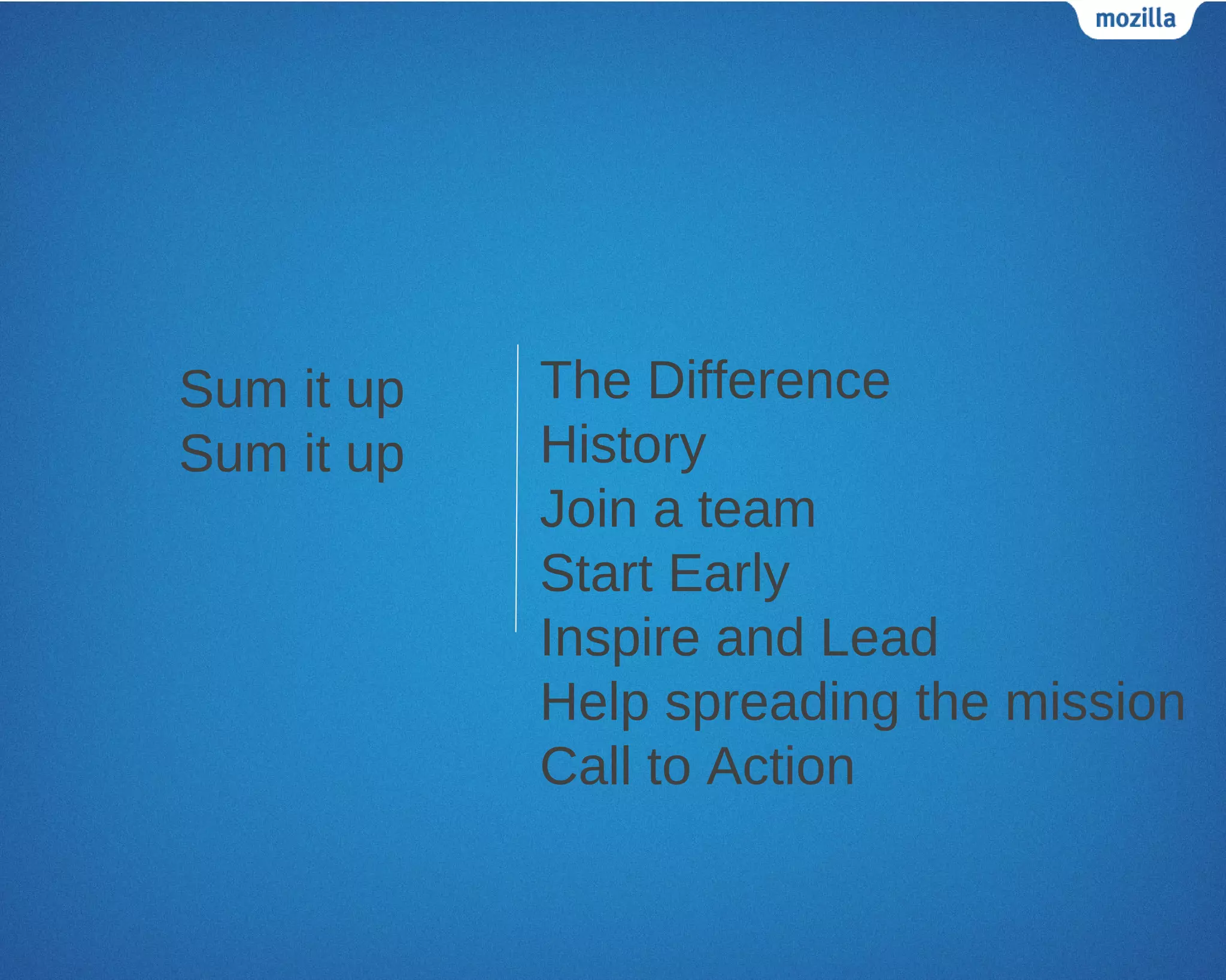Sum it up   The Difference
Sum it up   History
            Join a team
            Start Early
            Inspire and Lead
            Help spreading the mission
            Call to Action
 