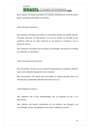 15
Bens Fungíveis: são aqueles que podem ser trocados, substituídos por outros do mesmo
gênero, qualidade e quantidade. Ex: alimentos.
• Bens Divisíveis e Indivisíveis
Bens Divisíveis: são aqueles que podem ser fracionados, partidos em porções distintas,
formando, cada qual, um todo perfeito, sem que isso importe em alteração de sua
substância, perda do seu valor econômico ou em prejuízo na utilização a que se
destina.Ex: terreno
Bens Indivisíveis: são aqueles que não podem ser partilhados, sob pena de ser alterada
sua substância. Ex: Semoventes.
• Bens Consumíveis e Inconsumíveis
Bens Consumíveis: são bens cujo uso importa em destruição da sua substância. Admitem
apenas uma utilização e desaparecem com o consumo.
Bens Inconsumíveis: são aqueles bens que podem ser usados reiteradas vezes, sem
alteração de sua integridade. Não deixam de existir com o uso.
• Bens Singulares e Coletivos
Bens Singulares: são os bens individualizados, que se consideram de per si. Ex:
apartamento.
Bens Coletivos: são aqueles considerados em seu conjunto, que abrangem uma
universalidade. Os bens são agregados em um todo. Ex: biblioteca, herança.
 