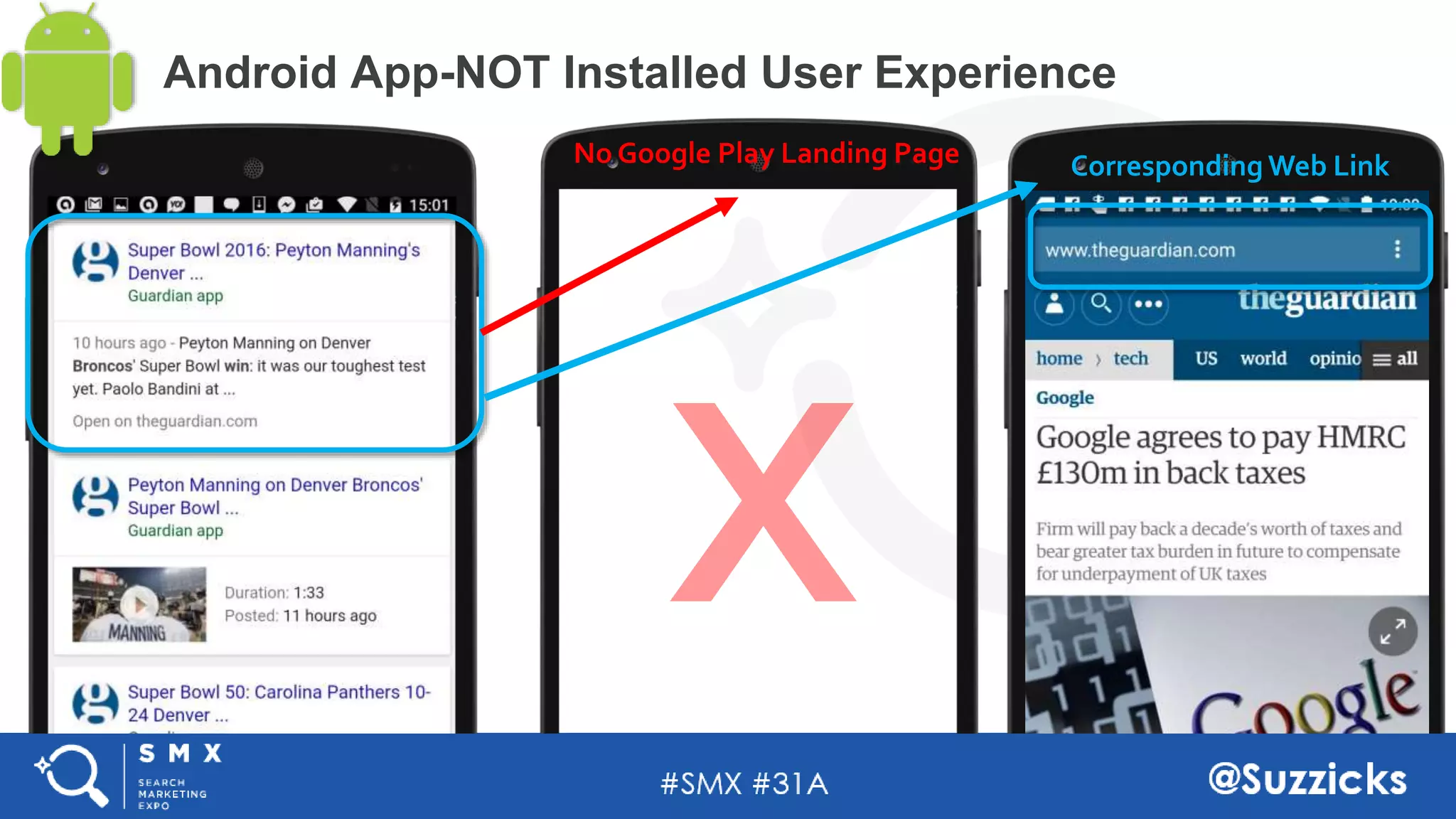 #SMX #31A @Suzzicks
Android App-NOT Installed User Experience
No Google Play Landing Page Corresponding Web Link
 