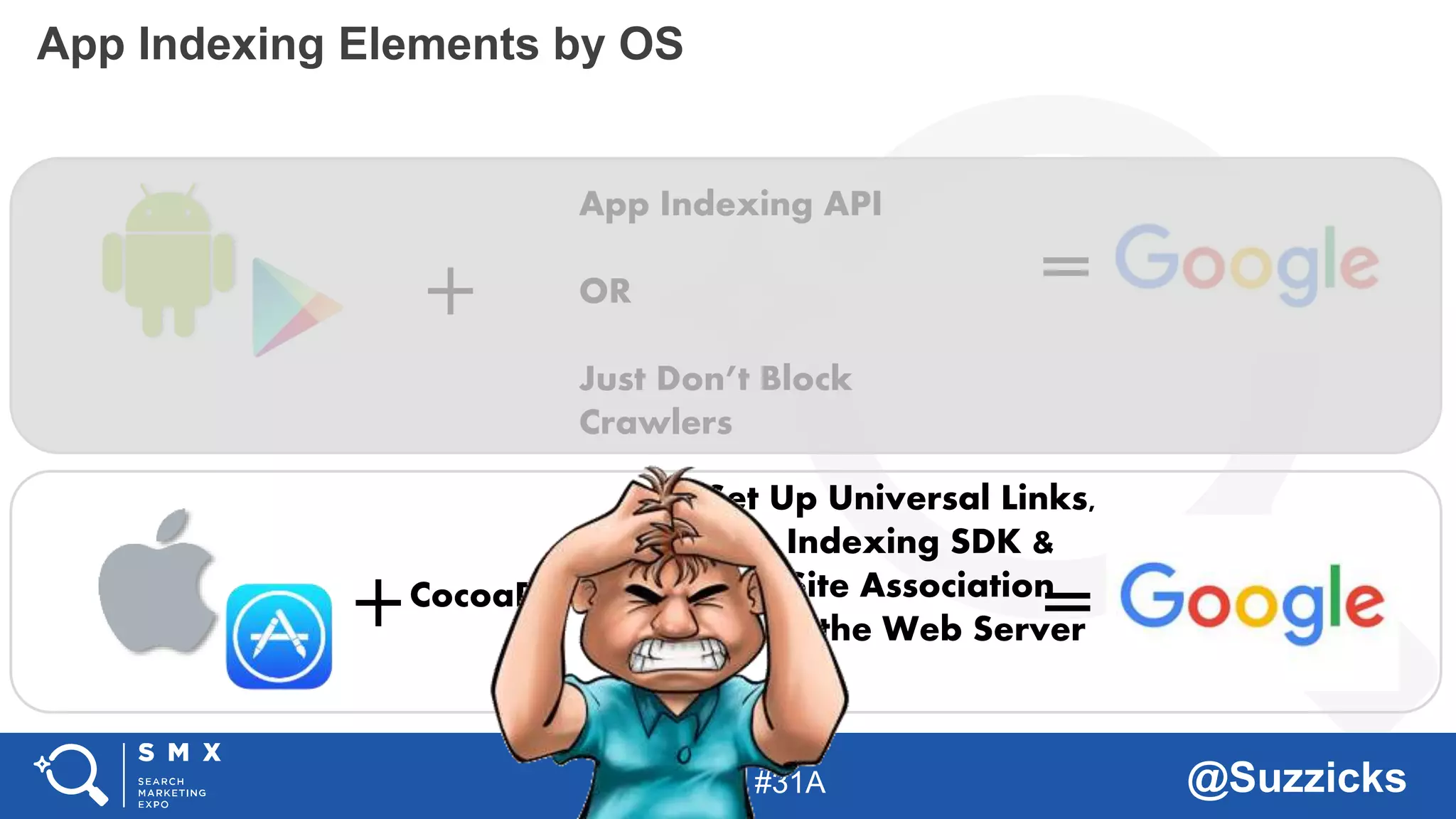 #SMX #31A @Suzzicks
App Indexing Elements by OS
App Indexing API
OR
Just Don’t Block
Crawlers
Set Up Universal Links,
App Indexing SDK &
Add Site Association
File to the Web Server
=
=
+
+ +CocoaPods
 