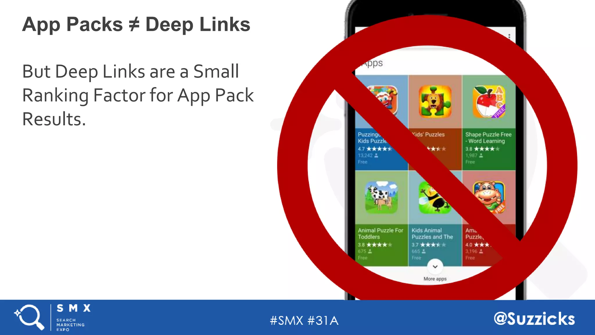 #SMX #31A @Suzzicks
App Packs ≠ Deep Links
But Deep Links are a Small
Ranking Factor for App Pack
Results.
 