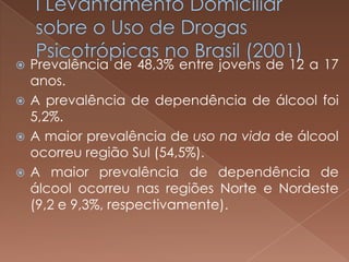  Prevalência de 48,3% entre jovens de 12 a 17
  anos.
 A prevalência de dependência de álcool foi
  5,2%.
 A maior prevalência de uso na vida de álcool
  ocorreu região Sul (54,5%).
 A maior prevalência de dependência de
  álcool ocorreu nas regiões Norte e Nordeste
  (9,2 e 9,3%, respectivamente).
 