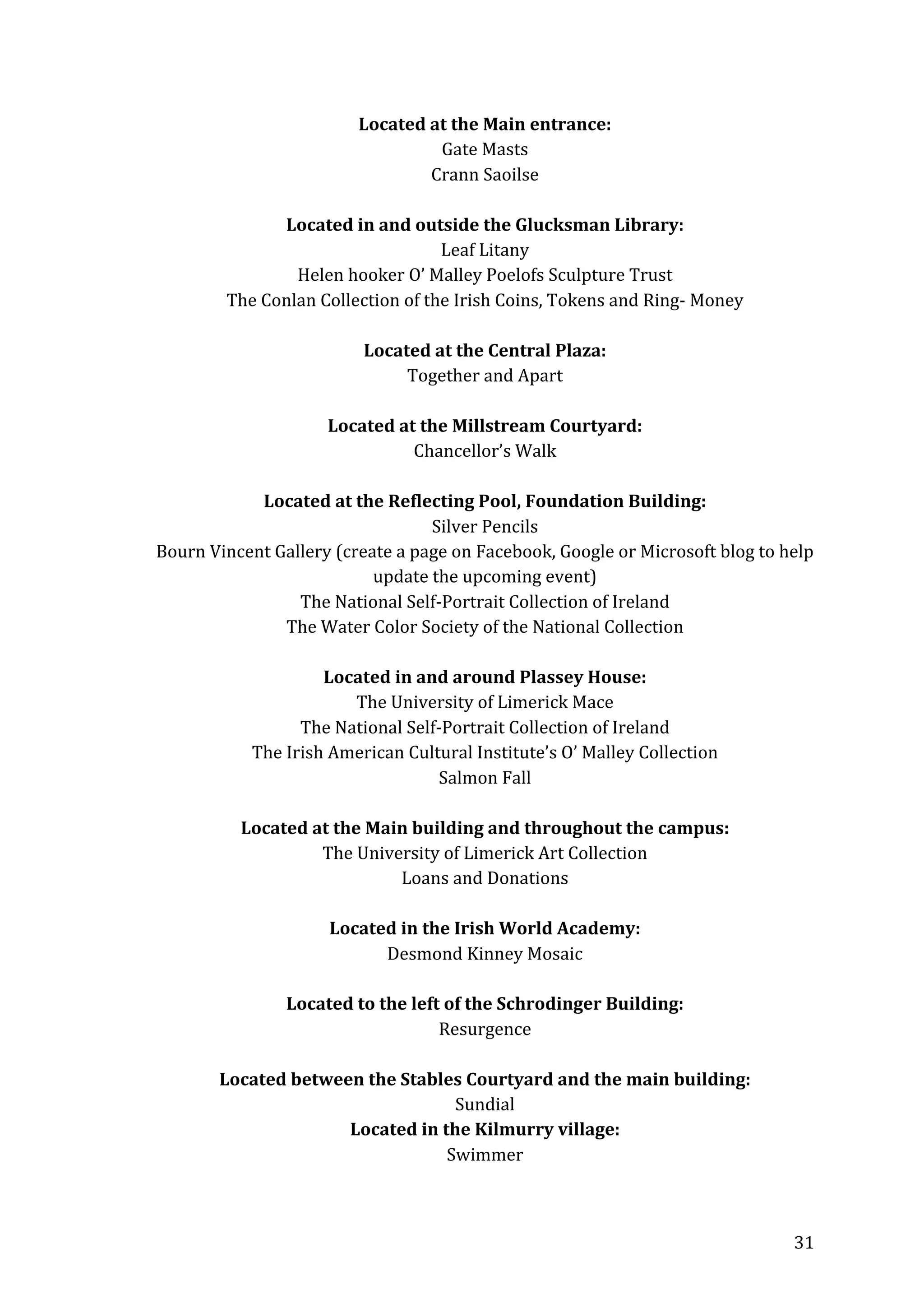 Located	
  at	
  the	
  Main	
  entrance:	
  
Gate	
  Masts	
  
Crann	
  Saoilse	
  
	
  
Located	
  in	
  and	
  outside	
  the	
  Glucksman	
  Library:	
  
Leaf	
  Litany	
  
Helen	
  hooker	
  O’	
  Malley	
  Poelofs	
  Sculpture	
  Trust	
  
The	
  Conlan	
  Collection	
  of	
  the	
  Irish	
  Coins,	
  Tokens	
  and	
  Ring-­‐	
  Money	
  
	
  
Located	
  at	
  the	
  Central	
  Plaza:	
  
Together	
  and	
  Apart	
  
	
  
Located	
  at	
  the	
  Millstream	
  Courtyard:	
  
Chancellor’s	
  Walk	
  
	
  
Located	
  at	
  the	
  Reflecting	
  Pool,	
  Foundation	
  Building:	
  
Silver	
  Pencils	
  
Bourn	
  Vincent	
  Gallery	
  (create	
  a	
  page	
  on	
  Facebook,	
  Google	
  or	
  Microsoft	
  blog	
  to	
  help	
  
update	
  the	
  upcoming	
  event)	
  
The	
  National	
  Self-­‐Portrait	
  Collection	
  of	
  Ireland	
  
The	
  Water	
  Color	
  Society	
  of	
  the	
  National	
  Collection	
  
	
  
Located	
  in	
  and	
  around	
  Plassey	
  House:	
  
The	
  University	
  of	
  Limerick	
  Mace	
  
The	
  National	
  Self-­‐Portrait	
  Collection	
  of	
  Ireland	
  
The	
  Irish	
  American	
  Cultural	
  Institute’s	
  O’	
  Malley	
  Collection	
  
Salmon	
  Fall	
  
	
  
Located	
  at	
  the	
  Main	
  building	
  and	
  throughout	
  the	
  campus:	
  
The	
  University	
  of	
  Limerick	
  Art	
  Collection	
  
Loans	
  and	
  Donations	
  
	
  
Located	
  in	
  the	
  Irish	
  World	
  Academy:	
  
Desmond	
  Kinney	
  Mosaic	
  
	
  
Located	
  to	
  the	
  left	
  of	
  the	
  Schrodinger	
  Building:	
  
Resurgence	
  
	
  
Located	
  between	
  the	
  Stables	
  Courtyard	
  and	
  the	
  main	
  building:	
  
Sundial	
  
Located	
  in	
  the	
  Kilmurry	
  village:	
  	
  
Swimmer

	
  

31	
  

 