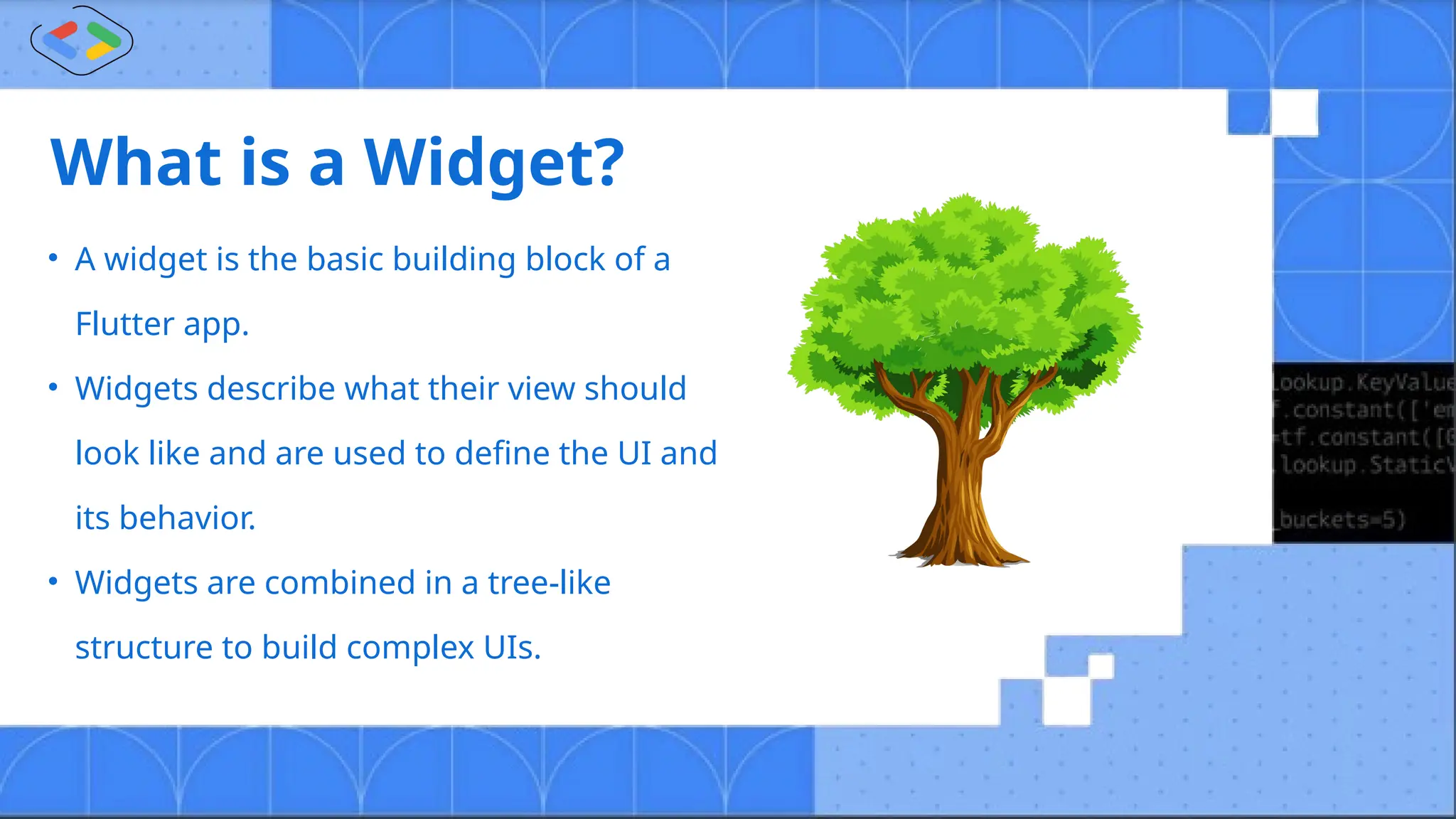 What is a Widget?
• A widget is the basic building block of a
Flutter app.
• Widgets describe what their view should
look like and are used to define the UI and
its behavior.
• Widgets are combined in a tree-like
structure to build complex UIs.
 