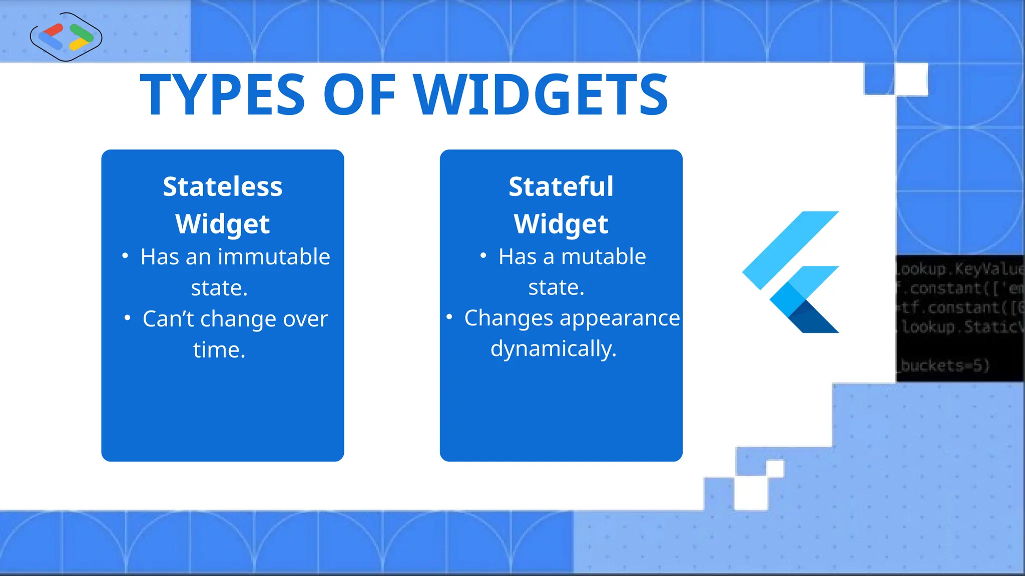 TYPES OF WIDGETS
Stateless
Widget
Stateful
Widget
• Has an immutable
state.
• Can’t change over
time.
• Has a mutable
state.
• Changes appearance
dynamically.
 