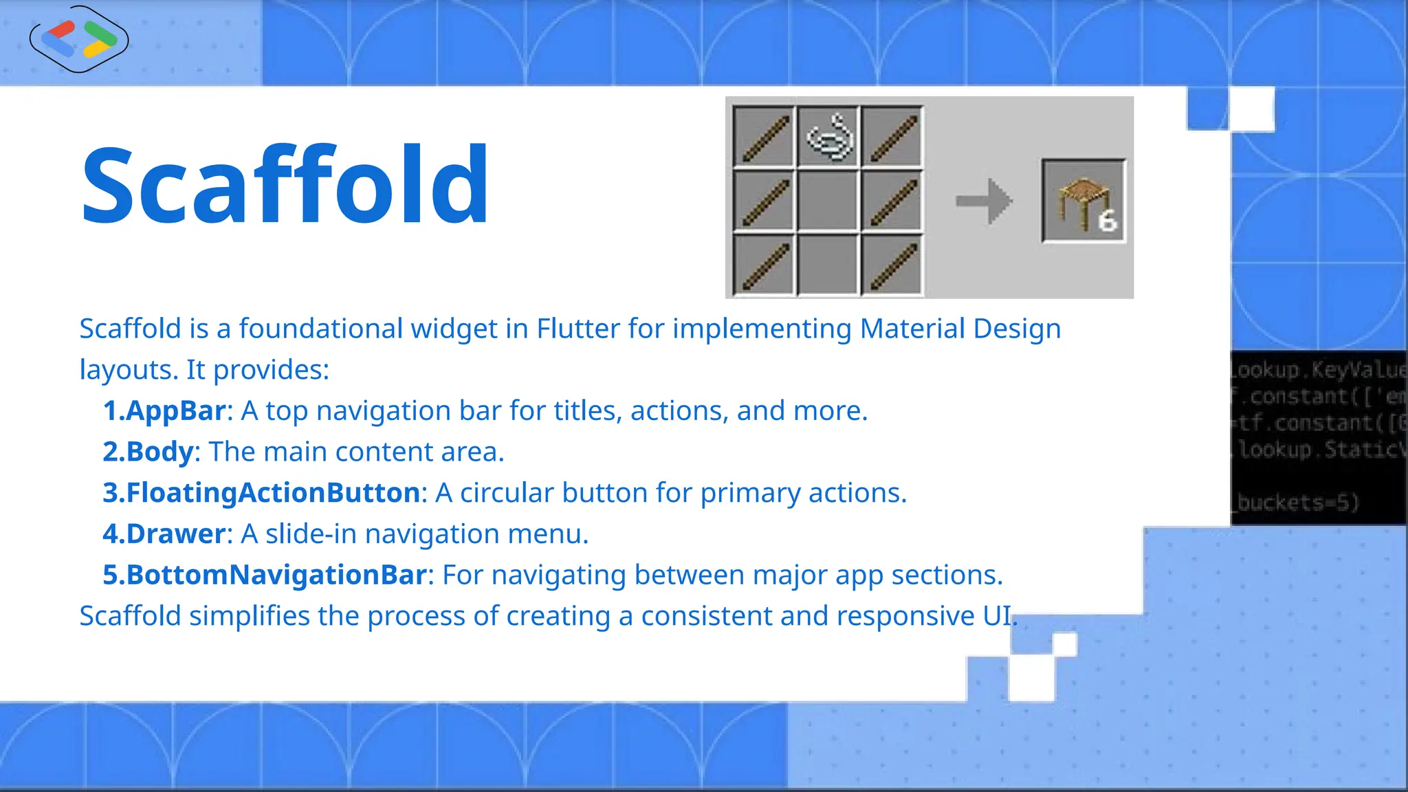 Scaffold is a foundational widget in Flutter for implementing Material Design
layouts. It provides:
1.AppBar: A top navigation bar for titles, actions, and more.
2.Body: The main content area.
3.FloatingActionButton: A circular button for primary actions.
4.Drawer: A slide-in navigation menu.
5.BottomNavigationBar: For navigating between major app sections.
Scaffold simplifies the process of creating a consistent and responsive UI.
Scaffold
 