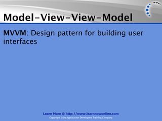 Model-View-View-Model
MVVM: Design pattern for building user
interfaces




          Learn More @ http://www.learnnowonline.com
             Copyright © by Application Developers Training Company
 