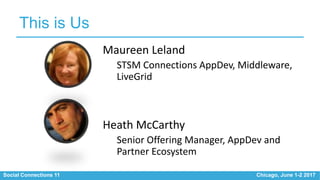 Social Connections 11 Chicago, June 1-2 2017
This is Us
Maureen Leland
STSM Connections AppDev, Middleware,
LiveGrid
Heath...